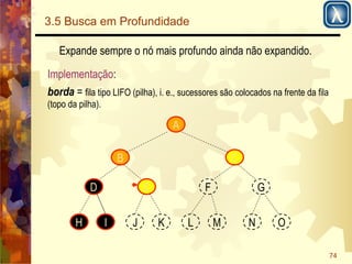 74 
3.5 Busca em Profundidade 
Expande sempre o nó mais profundo ainda não expandido. 
Implementação: 
borda = fila tipo LIFO (pilha), i. e., sucessores são colocados na frente da fila 
(topo da pilha). 
A 
B 
D E 
C 
F G 
H I J K L M N O 
 