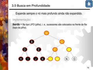 79 
3.5 Busca em Profundidade 
Expande sempre o nó mais profundo ainda não expandido. 
Implementação: 
borda = fila tipo LIFO (pilha), i. e., sucessores são colocados na frente da fila 
(topo da pilha). 
A 
B 
D E 
C 
F G 
H I J K L M N O 
 