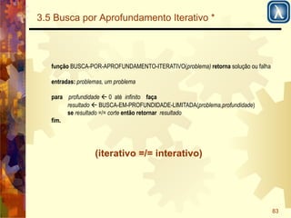 83 
3.5 Busca por Aprofundamento Iterativo * 
função BUSCA-POR-APROFUNDAMENTO-ITERATIVO(problema) retorna solução ou falha 
entradas: problemas, um problema 
para profundidade ' 0 até infinito faça 
resultado ' BUSCA-EM-PROFUNDIDADE-LIMITADA(problema,profundidade) 
se resultado =/= corte então retornar resultado 
(iterativo =/= interativo) 
fim. 
 