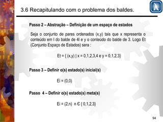 94 
3.6 Recapitulando com o problema dos baldes. 
Passo 2 – Abstração – Definição de um espaço de estados 
Seja o conjunto de pares ordenados (x,y) tais que x representa o 
conteúdo em l do balde de 4l e y o conteúdo do balde de 3. Logo Et 
(Conjunto Espaço de Estados) sera : 
Et = { (x,y) | x = 0,1,2,3,4 e y = 0,1,2,3} 
Passo 3 – Definir o(s) estado(s) iniciai(s) 
Ei = (0,0) 
Passo 4 – Definir o(s) estado(s) meta(s) 
Ei = (2,n) n Є { 0,1,2,3} 
 