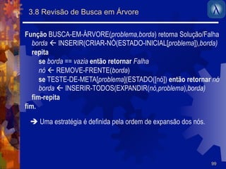 99 
3.8 Revisão de Busca em Árvore 
Função BUSCA-EM-ÁRVORE(problema,borda) retorna Solução/Falha 
borda ' INSERIR(CRIAR-NÓ(ESTADO-INICIAL[problema]),borda) 
repita 
se borda == vazia então retornar Falha 
nó ' REMOVE-FRENTE(borda) 
se TESTE-DE-META[problema](ESTADO([nó]) então retornar nó 
borda ' INSERIR-TODOS(EXPANDIR(nó,problema),borda) 
fim-repita 
fim. 
$ Uma estratégia é definida pela ordem de expansão dos nós. 
 