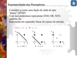 Expressividade dos Perceptrons 
Considere g como uma fução de saída do tipo 
“passo” (STEP) 
Com isso poderemos representar AND, OR, NOT, 
maioria, etc. 
Representa um separador linear do espaço de entrada. 
 