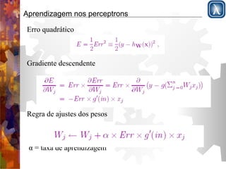 Aprendizagem nos perceptrons 
Erro quadrático 
! 
! 
! 
Gradiente descendente 
! 
! 
! 
! 
! 
Regra de ajustes dos pesos 
! 
! 
! 
α = taxa de aprendizagem 
 