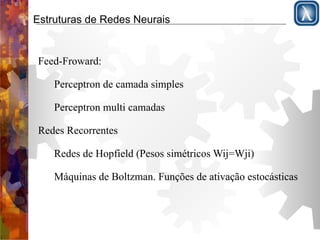 Estruturas de Redes Neurais 
Feed-Froward: 
Perceptron de camada simples 
Perceptron multi camadas 
Redes Recorrentes 
Redes de Hopfield (Pesos simétricos Wij=Wji) 
Máquinas de Boltzman. Funções de ativação estocásticas 
 