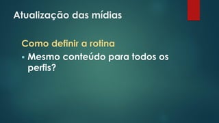 Atualização das mídias
Como definir a rotina
 Mesmo conteúdo para todos os
perfis?
 