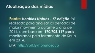 Atualização das mídias
Fonte: Horários Nobres - 5ª edição foi
realizado para analisar os períodos de
maior movimento durante o ano de
2014, com base em 170.708.117 posts
monitorados pela ferramenta do Scup
em 2014.
Link: http://bit.ly/horarioscup
 