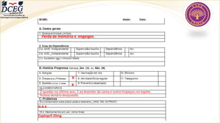 Departamento Científico de
Enfermagem Gerontológica ABEN-RJ
Perda de memória e engasgos
H.A.S
X
Captopril 25mg
2 quedas no último ano, 1 ao levantar da cama e outra tropeçou no tapete
X
Protese dentária desajustada.
 