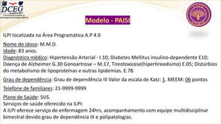 Modelo - PAISI
ILPI localizada na Área Programática A.P 4.0
Nome do idoso: M.M.D.
Idade: 83 anos.
Diagnóstico médico: Hipertensão Arterial - I.10; Diabetes Mellitus insulino-dependente E10;
Doença de Alzheimer G.30 Gonoartrose – M.17, Tireotoxicose(hipertireodismo) E.05; Distúrbios
do metabolismo de lipoproteínas e outras lipidemias. E.78.
Grau de dependência: Grau de dependência III Valor da escala de Katz: 1. MEEM: 06 pontos
Telefone de familiares: 21-9999-9999
Plano de Saúde: SUS.
Serviços de saúde oferecido na ILPI:
A ILPI oferece serviço de enfermagem 24hrs, acompanhamento com equipe multidisciplinar
bimestral devido grau de dependência III e polipatologias.
Departamento Científico de
Enfermagem Gerontológica ABEN-RJ
 
