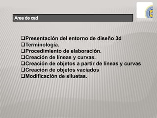 Presentación del entorno de diseño 3d
Terminología.
Procedimiento de elaboración.
Creación de líneas y curvas.
Creación de objetos a partir de líneas y curvas
Creación de objetos vaciados
Modificación de siluetas.
 