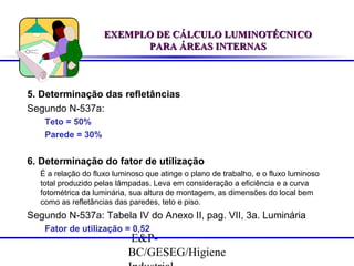 EXEMPLO DE CÁLCULO LUMINOTÉCNICO
PARA ÁREAS INTERNAS

5. Determinação das refletâncias
Segundo N-537a:
Teto = 50%
Parede = 30%

6. Determinação do fator de utilização
É a relação do fluxo luminoso que atinge o plano de trabalho, e o fluxo luminoso
total produzido pelas lâmpadas. Leva em consideração a eficiência e a curva
fotométrica da luminária, sua altura de montagem, as dimensões do local bem
como as refletâncias das paredes, teto e piso.

Segundo N-537a: Tabela IV do Anexo II, pag. VII, 3a. Luminária
Fator de utilização = 0,52

E&PBC/GESEG/Higiene

 