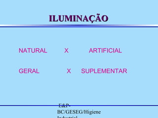 ILUMINAÇÃO

NATURAL
GERAL

X
X

ARTIFICIAL
SUPLEMENTAR

E&PBC/GESEG/Higiene

 