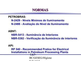 NORMAS
PETROBRAS:
N-2429 - Níveis Mínimos de Iluminamento
N-2488 - Avaliação do Nível de Iluminamento
ABNT:
NBR-5413 - Iluminância de Interiores
NBR-5382 - Verificação da Iluminância de interiores
API:
RP 540 - Recommended Pratice for Electrical
Installations in Petroleum Processing Plants
E&PBC/GESEG/Higiene

 