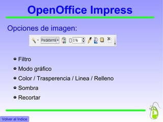 OpenOffice Impress Opciones de imagen: ºº Filtro  Modo gráfico  Color / Trasperencia / Linea / Relleno Sombra  Recortar Volver al Indice 