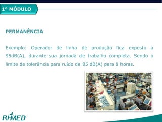 1º MÓDULO
PERMANÊNCIA
Exemplo: Operador de linha de produção fica exposto a
95dB(A), durante sua jornada de trabalho completa. Sendo o
limite de tolerância para ruído de 85 dB(A) para 8 horas.
1° MÓDULO
 