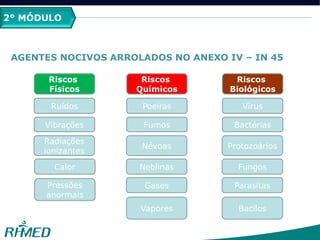 2° MÓDULO
AGENTES NOCIVOS ARROLADOS NO ANEXO IV – IN 45
Radiações
ionizantes
Ruídos
Vibrações
Riscos
Físicos
Pressões
anormais
Calor Neblinas
Névoas
Poeiras
Fumos
Riscos
Químicos
Vapores
Gases
Fungos
Protozoários
Vírus
Bactérias
Riscos
Biológicos
Bacilos
Parasitas
 