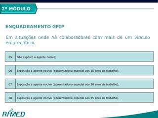 2° MÓDULO
ENQUADRAMENTO GFIP
05 Não exposto a agente nocivo;
06 Exposição a agente nocivo (aposentadoria especial aos 15 anos de trabalho);
07 Exposição a agente nocivo (aposentadoria especial aos 20 anos de trabalho);
08 Exposição a agente nocivo (aposentadoria especial aos 25 anos de trabalho).
Em situações onde há colaboradores com mais de um vínculo
empregatício.
 