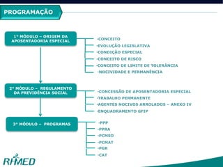 PROGRAMAÇÃO
1° MÓDULO – ORIGEM DA
APOSENTADORIA ESPECIAL
•EVOLUÇÃO LEGISLATIVA
•CONCEITO
•CONDIÇÃO ESPECIAL
•CONCEITO DE RISCO
•CONCEITO DE LIMITE DE TOLERÂNCIA
•NOCIVIDADE E PERMANÊNCIA
2° MÓDULO – REGULAMENTO
DA PREVIDÊNCIA SOCIAL
•TRABALHO PERMANENTE
•CONCESSÃO DE APOSENTADORIA ESPECIAL
•AGENTES NOCIVOS ARROLADOS – ANEXO IV
•ENQUADRAMENTO GFIP
3° MÓDULO – PROGRAMAS
•PPRA
•PPP
•PCMSO
•PCMAT
•PGR
•CAT
 