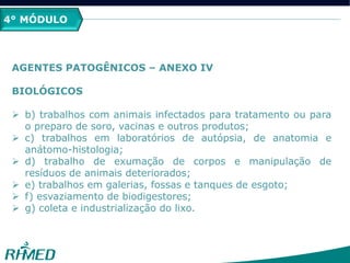 4° MÓDULO
AGENTES PATOGÊNICOS – ANEXO IV
BIOLÓGICOS
 b) trabalhos com animais infectados para tratamento ou para
o preparo de soro, vacinas e outros produtos;
 c) trabalhos em laboratórios de autópsia, de anatomia e
anátomo-histologia;
 d) trabalho de exumação de corpos e manipulação de
resíduos de animais deteriorados;
 e) trabalhos em galerias, fossas e tanques de esgoto;
 f) esvaziamento de biodigestores;
 g) coleta e industrialização do lixo.
 