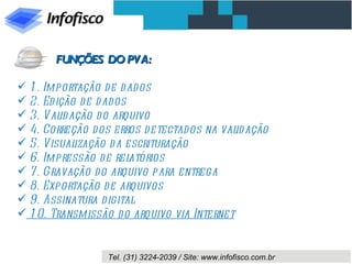 FUNÇÕES DO PVA: 1. Importação de dados 2. Edição de dados 3. Validação do arquivo  4. Correção dos erros detectados na validação 5. Visualização da escrituração 6. Impressão de relatórios 7. Gravação do arquivo para entrega 8. Exportação de arquivos 9. Assinatura digital 10. Transmissão do arquivo via Internet 