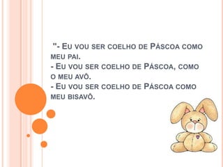 "- EU VOU SER COELHO DE PÁSCOA COMO
MEU PAI.
- EU VOU SER COELHO DE PÁSCOA, COMO
O MEU AVÔ.
- EU VOU SER COELHO DE PÁSCOA COMO
MEU BISAVÔ.
 