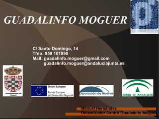 GUADALINFO MOGUER Manuel Hernández Dinamizador Centro Guadalinfo Moguer C/ Santo Domingo, 14 Tfno: 959 101890 Mail:  [email_address] [email_address] 