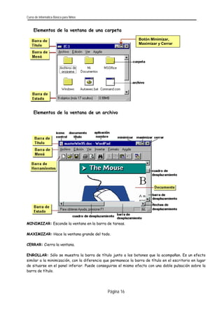 Curso de Informática Básica para Niños 
Elementos de la ventana de una carpeta 
Botón Minimizar, Maximizar y Cerrar 
Elementos de la ventana de un archivo 
MINIMIZAR: Esconde la ventana en la barra de tareas. 
MAXIMIZAR: Hace la ventana grande del todo. 
CERRAR: Cierra la ventana. 
ENROLLAR: Sólo se muestra la barra de título junto a los botones que la acompañan. Es un efecto similar a la minimización, con la diferencia que permanece la barra de título en el escritorio en lugar de situarse en el panel inferior. Puede conseguirse el mismo efecto con una doble pulsación sobre la barra de título. 
Página 16 
 
