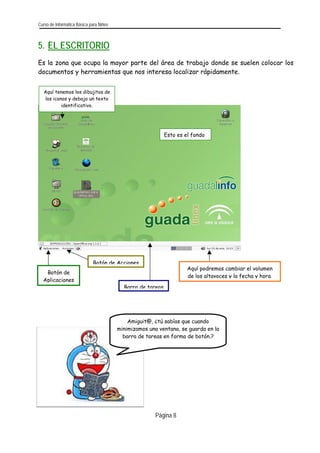 Curso de Informática Básica para Niños 
5. EL ESCRITORIO 
elen colocar los 
ocumentos y herramientas que nos interesa localizar rápidamente. 
Es la zona que ocupa la mayor parte del área de trabajo donde se su 
d 
Aquí tenemos los dibujitos de los iconos y debajo un texto 
identificativo. 
Botón de 
Aplicaciones 
Botón de Acciones 
Aquí podremos cambiar el volumen de los altavoces y la fecha y hora. 
Amiguit@, ¿tú sabías que cuando 
minimizamos una ventana, se guarda en la 
barra de tareas en forma de botón.? 
Esto es el fondo 
Barra de tareas 
Página 8 
 