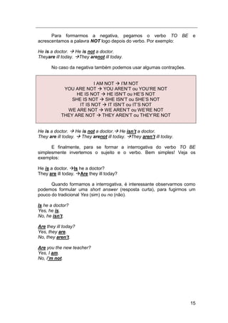 15
Para formarmos a negativa, pegamos o verbo TO BE e
acrescentamos a palavra NOT logo depois do verbo. Por exemplo:
He is a doctor.  He is not a doctor.
Theyare ill today. They arenot ill today.
No caso da negativa também podemos usar algumas contrações.
I AM NOT  I‟M NOT
YOU ARE NOT  YOU AREN‟T ou YOU‟RE NOT
HE IS NOT  HE ISN‟T ou HE‟S NOT
SHE IS NOT  SHE ISN‟T ou SHE‟S NOT
IT IS NOT  IT ISN‟T ou IT‟S NOT
WE ARE NOT  WE AREN‟T ou WE‟RE NOT
THEY ARE NOT  THEY AREN‟T ou THEY‟RE NOT
He is a doctor.  He is not a doctor. He isn’t a doctor.
They are ill today.  They arenot ill today. They aren’t ill today.
E finalmente, para se formar a interrogativa do verbo TO BE
simplesmente invertemos o sujeito e o verbo. Bem simples! Veja os
exemplos:
He is a doctor. Is he a doctor?
They are ill today. Are they ill today?
Quando formamos a interrogativa, é interessante observarmos como
podemos formular uma short answer (resposta curta), para fugirmos um
pouco do tradicional Yes (sim) ou no (não).
Is he a doctor?
Yes, he is.
No, he isn’t.
Are they ill today?
Yes, they are.
No, they aren’t.
Are you the new teacher?
Yes, I am.
No, I’m not.
 