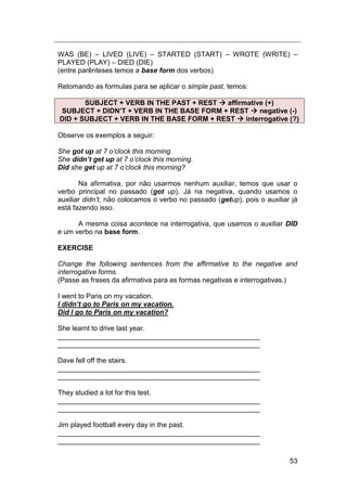53
WAS (BE) – LIVED (LIVE) – STARTED (START) – WROTE (WRITE) –
PLAYED (PLAY) – DIED (DIE)
(entre parênteses temos a base form dos verbos)
Retomando as formulas para se aplicar o simple past, temos:
SUBJECT + VERB IN THE PAST + REST  affirmative (+)
SUBJECT + DIDN’T + VERB IN THE BASE FORM + REST  negative (-)
DID + SUBJECT + VERB IN THE BASE FORM + REST  interrogative (?)
Observe os exemplos a seguir:
She got up at 7 o‟clock this morning.
She didn’t get up at 7 o‟clock this morning.
Did she get up at 7 o‟clock this morning?
Na afirmativa, por não usarmos nenhum auxiliar, temos que usar o
verbo principal no passado (got up). Já na negativa, quando usamos o
auxiliar didn‟t, não colocamos o verbo no passado (getup), pois o auxiliar já
está fazendo isso.
A mesma coisa acontece na interrogativa, que usamos o auxiliar DID
e um verbo na base form.
EXERCISE
Change the following sentences from the affirmative to the negative and
interrogative forms.
(Passe as frases da afirmativa para as formas negativas e interrogativas.)
I went to Paris on my vacation.
I didn’t go to Paris on my vacation.
Did I go to Paris on my vacation?
She learnt to drive last year.
____________________________________________________
____________________________________________________
Dave fell off the stairs.
____________________________________________________
____________________________________________________
They studied a lot for this test.
____________________________________________________
____________________________________________________
Jim played football every day in the past.
____________________________________________________
____________________________________________________
 