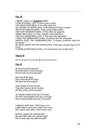 65
Pág. 38
I WORK. (100%)  I ALWAYS WORK.
I SING IN PUBLIC. (0%)  I never sing in public.
YOU DRIVE FAST.(65%)  You often drive fast.
HE LISTENS TO OPERA.(25%)  He hardly ever listens to opera.
WE STUDY ENGLISH.(85%)  We usually study english.
THEY EAT SPAGHETTI.(65%)  They often eat spaghetti.
BOBBY WATCHES TV.(15%)  Bobby rarely watches tv.
YOU PLAY BASKETBALL.(0%)  You never play basketball.
I READ THE NEWSPAPER.(100%)  I always read the newspaper.
ANGELA DOES THE HOMEWORK.(50%)  Angela sometimes does the
homework.
MY DOGS SLEEP ON THE COUCH.(85%)  My dogs usually sleep on the
couch.
IT RAINS IN SÃO PAULO.(40%)  It occasionally rains in São Paulo.
Página 40
On/ in/ at/ on/ in/ in/ on/ on/ at/ in/ on/ at/ at/ on/ in
Pág. 53
She learnt to drive last year.
She didn't learn to drive last year.
Did she learn to drive last year?
Dave fell off the stairs.
Dave didn't fall off the stairs.
Did Dave fall off the stairs?
They studied a lot for this test.
They didn't study a lot for this test.
Did they study a lot for this test?
Jim played football every day in the past.
Jim didn't play football every day in the past.
Did Jim play football every day in the past?
I walked to work when I didn‟t have a car.
I didn't walk to work when I didn't have a car.
Did I walk to work when I didn't have a car?
My team played very well last night.
My team didn't play very well last night.
Did my team play very well last night?
 