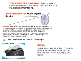 TOUCHPAD VERSUS O RATON: EQUIVALENTES:
FUNCION PRINCIPAL: MOVER EL CURSOR E INVOCAR
FUNCIONES RAPIDAMENTE.
TOUCHPAD
Boton IZQUIERDO: SIEMPRE HACE ALGO: Necesito 1 o
2 Clicks según el sitio en el que estemos. TRUCO: si con un
click no funciona, repetir con DOS CLICKS Seguidos
FIJO-O-APRETADO CONTINUO: SIRVE PARA MOVER
OBJETO GRAFICO DE SITIO
¡¡¡¡ OJO A TENER BIEN SITUADO EL CURSOR !!!!
RUEDA:
SUPLE A LA LINEA DE SCROLL, CUANDO
LO QUE SE MUESTRA TIENE MAS DE
UNA PANTALLA HACIA ABAJO (ES UNA
LISTA)
Bonton Izquierdo fijo: Mueve objetos
de sitio.
 