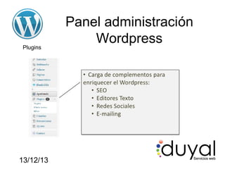Plugins

13/12/13

Panel administración
Wordpress

 
