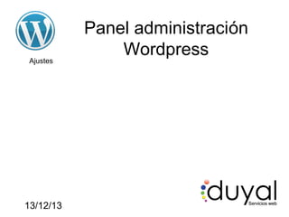Ajustes

13/12/13

Panel administración
Wordpress

 