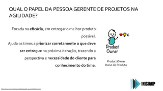 QUAL O PAPEL DA PESSOA GERENTE DE PROJETOS NA
AGILIDADE?
https://www.scrum.org/resources/blog/equality-accountabilities-scrum
Product Owner
Dono do Produto
Focada na eﬁcácia, em entregar o melhor produto
possível.
Ajuda os times a priorizar corretamente o que deve
ser entregue na próxima iteração, trazendo a
perspectiva e necessidade do cliente para
conhecimento do time.
 