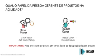 QUAL O PAPEL DA PESSOA GERENTE DE PROJETOS NA
AGILIDADE?
IMPORTANTE: Não existe um ou outro! Em times ágeis os dois papéis devem existir!
https://www.scrum.org/resources/blog/equality-accountabilities-scrum
Scrum Master
Agile Master/ Agilista
Product Owner
Dono do Produto
 