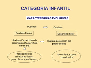 CATEGORÍA INFANTIL

              CARACTERÍSTICAS EVOLUTIVAS


              Pubertad          Cambios

   Cambios físicos                  Desarrollo motor

Aceleración del ritmo de   Ruptura percepción del
crecimiento (hasta 12 cm       propio cuerpo
       en un año)


   Fragilidad de las                Movimientos poco
  estructuras óseas,                  coordinados
musculares y tendinosas
 