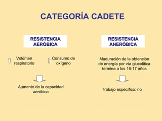CATEGORÍA CADETE

         RESISTENCIA                 RESISTENCIA
          AERÓBICA                   ANERÓBICA


 Volúmen           Consumo de    Maduración de la obtención
respiratorio         oxígeno    de energía por vía glucolítica
                                  termina a los 16-17 años



  Aumento de la capacidad
                                  Trabajo específico: no
        aeróbica
 