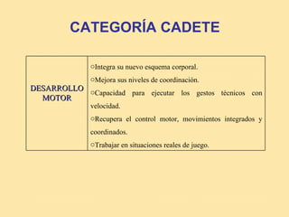 CATEGORÍA CADETE

               oIntegra su nuevo esquema corporal.
               oMejora sus niveles de coordinación.
DESARROLLO o
            Capacidad para ejecutar los gestos técnicos con
  MOTOR
               velocidad.
               oRecupera el control motor, movimientos integrados y
               coordinados.
               oTrabajar en situaciones reales de juego.
 