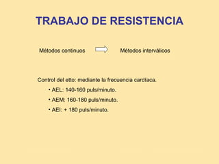 TRABAJO DE RESISTENCIA

Métodos continuos                 Métodos interválicos




Control del etto: mediante la frecuencia cardíaca.
    • AEL: 140-160 puls/minuto.
    • AEM: 160-180 puls/minuto.
    • AEI: + 180 puls/minuto.
 