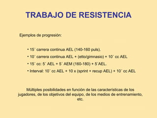 TRABAJO DE RESISTENCIA

Ejemplos de progresión:


     • 15´ carrera continua AEL (140-160 puls).
     • 10´ carrera continua AEL + (etto/gimnasio) + 10´ cc AEL
     • 15´ cc: 5´ AEL + 5´ AEM (160-180) + 5´AEL.
     • Interval: 10´ cc AEL + 10 x (sprint + recup AEL) + 10´ cc AEL



    Múltiples posibilidades en función de las características de los
jugadores, de los objetivos del equipo, de los medios de entrenamiento,
                                  etc.
 