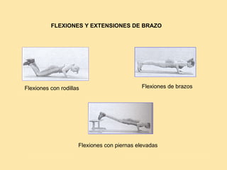FLEXIONES Y EXTENSIONES DE BRAZO




Flexiones con rodillas                       Flexiones de brazos




                     Flexiones con piernas elevadas
 