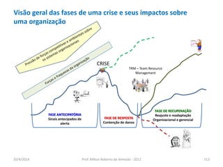 20/4/2014 Prof. Milton Roberto de Almeida - 2012 113
TRM – Team Resource
Management
CRISE
FASE ANTECIPATÓRIA
Sinais antecipados de
alerta
FASE DE RESPOSTA
Contenção de danos
FASE DE RECUPERAÇÃO
Reajuste e readaptação
Organizacional e gerencial
Visão geral das fases de uma crise e seus impactos sobre
uma organização
 