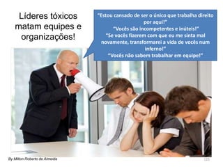125
Líderes tóxicos
matam equipes e
organizações!
“Estou cansado de ser o único que trabalha direito
por aqui!”
“Vocês são incompetentes e inúteis!”
“Se vocês fizerem com que eu me sinta mal
novamente, transformarei a vida de vocês num
inferno!”
“Vocês não sabem trabalhar em equipe!”
By Milton Roberto de Almeida
 