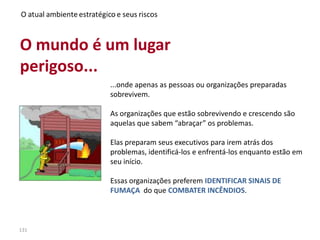 131
O mundo é um lugar
perigoso...
...onde apenas as pessoas ou organizações preparadas
sobrevivem.
As organizações que estão sobrevivendo e crescendo são
aquelas que sabem “abraçar” os problemas.
Elas preparam seus executivos para irem atrás dos
problemas, identificá-los e enfrentá-los enquanto estão em
seu início.
Essas organizações preferem IDENTIFICAR SINAIS DE
FUMAÇA do que COMBATER INCÊNDIOS.
 