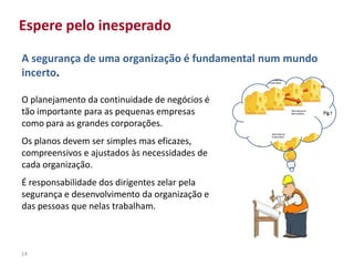 14
Espere pelo inesperado
O planejamento da continuidade de negócios é
tão importante para as pequenas empresas
como para as grandes corporações.
Os planos devem ser simples mas eficazes,
compreensivos e ajustados às necessidades de
cada organização.
É responsabilidade dos dirigentes zelar pela
segurança e desenvolvimento da organização e
das pessoas que nelas trabalham.
A segurança de uma organização é fundamental num mundo
incerto.
 