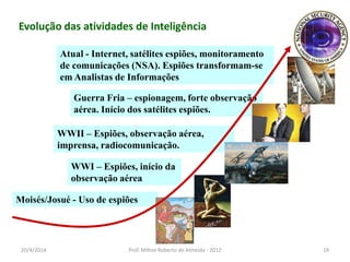 Moisés/Josué - Uso de espiões
WWI – Espiões, início da
observação aérea
WWII – Espiões, observação aérea,
imprensa, radiocomunicação.
Guerra Fria – espionagem, forte observação
aérea. Início dos satélites espiões.
Atual - Internet, satélites espiões, monitoramento
de comunicações (NSA). Espiões transformam-se
em Analistas de Informações
Evolução das atividades de Inteligência
20/4/2014 Prof. Milton Roberto de Almeida - 2012 19
 