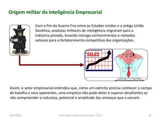 Origem militar da Inteligência Empresarial
Com o fim da Guerra Fria entre os Estados Unidos e a antiga União
Soviética, analistas militares de inteligência migraram para a
indústria privada, levando consigo conhecimentos e métodos
valiosos para o fortalecimento competitivo das organizações.
Assim, o setor empresarial entendeu que, como um exército precisa conhecer o campo
de batalha e seus oponentes, uma empresa não pode deter e superar desafiantes se
não compreender a natureza, potencial e amplitude das ameaças que a cercam.
20/4/2014 Prof. Milton Roberto de Almeida - 2012 31
 