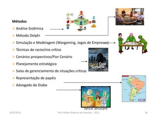 Métodos
 Análise Sistêmica
 Método Delphi
 Simulação e Modelagem (Wargaming, Jogos de Empresas)
 Técnicas de raciocínio crítico
 Cenários prospectivos/Pior Cenário
 Planejamento estratégico
 Salas de gerenciamento de situações críticas
 Representação de papéis
 Advogado do Diabo
20/4/2014 Prof. Milton Roberto de Almeida - 2012 36
 