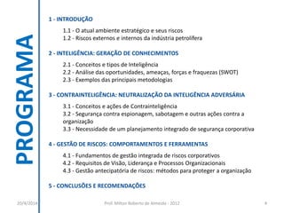 20/4/2014 Prof. Milton Roberto de Almeida - 2012 4
PROGRAMA 1 - INTRODUÇÃO
1.1 - O atual ambiente estratégico e seus riscos
1.2 - Riscos externos e internos da indústria petrolífera
2 - INTELIGÊNCIA: GERAÇÃO DE CONHECIMENTOS
2.1 - Conceitos e tipos de Inteligência
2.2 - Análise das oportunidades, ameaças, forças e fraquezas (SWOT)
2.3 - Exemplos das principais metodologias
3 - CONTRAINTELIGÊNCIA: NEUTRALIZAÇÃO DA INTELIGÊNCIA ADVERSÁRIA
3.1 - Conceitos e ações de Contrainteligência
3.2 - Segurança contra espionagem, sabotagem e outras ações contra a
organização
3.3 - Necessidade de um planejamento integrado de segurança corporativa
4 - GESTÃO DE RISCOS: COMPORTAMENTOS E FERRAMENTAS
4.1 - Fundamentos de gestão integrada de riscos corporativos
4.2 - Requisitos de Visão, Liderança e Processos Organizacionais
4.3 - Gestão antecipatória de riscos: métodos para proteger a organização
5 - CONCLUSÕES E RECOMENDAÇÕES
 
