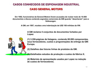 52
Em 1992, funcionários da General Motors foram acusados de roubar mais de 10.000
documentos e discos contendo segredos comerciais da GM quando “desertaram” para a
Volkswagen.
A GM, em 1997, recebeu uma indenização de US$ 100 milhões da VW.
CASOS CONHECIDOS DE ESPIONAGEM INDUSTRIAL
CASO GENERAL MOTORS
A GM reclama 4 conjuntos de documentos furtados por
Lopez:
(1) 3.350-páginas de listagens, contendo 60.000 componentes,
seus fornecedores, custos e programações de entrega da GM-
Europa.
(2) Detalhes das futuras linhas de produtos da GM.
(3) Detalhados estudos de produção e custos da fábrica X.
(4) Materiais de apresentação usados por Lopez na redução
de custos de fornecedores.
 